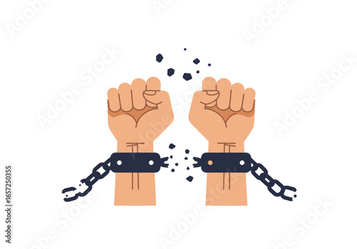 Vibrant depiction of strong fists shattering heavy chains, a powerful symbol of freedom, human rights, liberation, and breaking free from all forms of oppression.