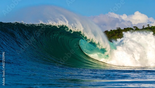 Fototapeta Naklejka Na Ścianę i Meble -  A powerful ocean wave crashes dramatically against a backdrop of lush vegetation and a vibrant blue sky.
