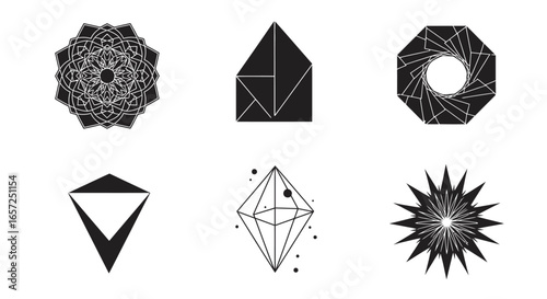 A curated set of six modern, abstract geometric symbols in black and white.