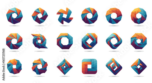Vibrant collection of abstract geometric logo templates featuring circular and square shapes with colorful gradients and a modern faceted design.
