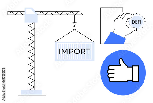 Crane handling import container, hand holding DEFI coin, thumbs-up icon. Ideal for trade, logistics, fintech, blockchain, approval systems, cryptocurrency simple landing page