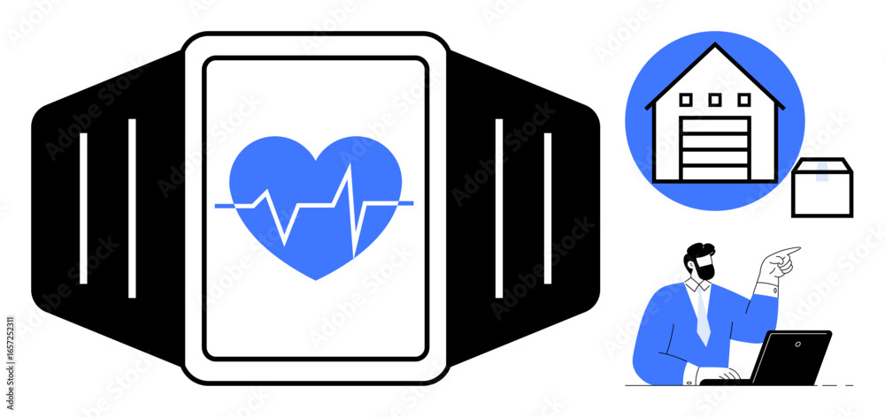 Obraz premium Smartwatch displaying heartbeat, house icon symbolizing e-commerce thumbs up warehousing, man working at laptop, points to productivity, fitness, and monitoring. Ideal for health, management