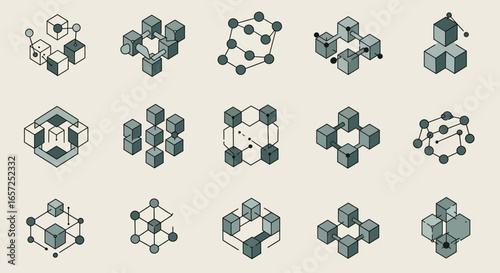 A collection of minimalist isometric icons representing blockchain technology, data networks, and decentralized systems.
