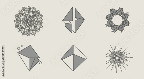 Collection of six minimalist geometric symbols, including a detailed mandala, a radiating starburst, and several abstract diamond shapes.