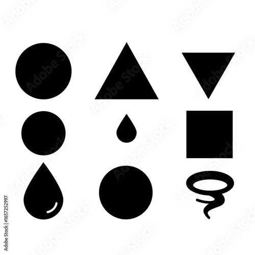 A collection of black icons representing the four classical elements with geometric shapes.