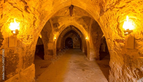Ancient stone passageway illuminated by torch-like lamps.