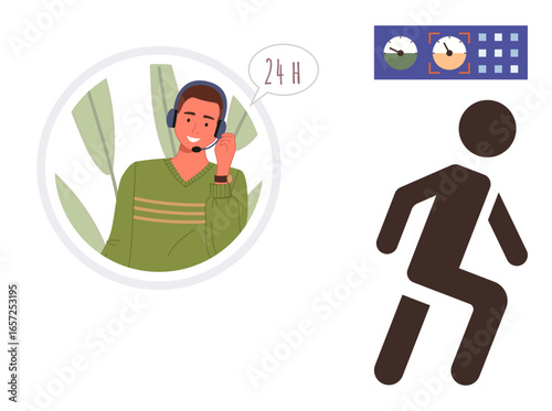 Customer service representative in headset, speech bubble with 24H, database, time tracking, and user navigation. Ideal for support, time management, help desk, communication service availability
