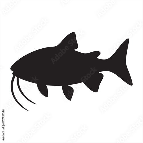 A stark black silhouette of a catfish, easily identifiable by its prominent barbels or whiskers, is depicted against a white background