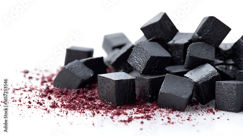 Pile of Dark Square Liquorice Pieces with Tiny Red Crystals on a White Surface