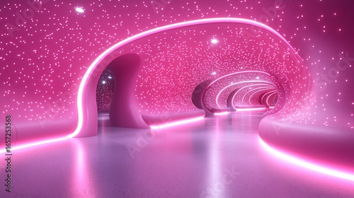 Pink neon tunnel interior, futuristic architecture, starry ceiling, empty pathway