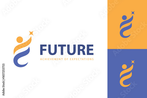 People success Logo Design with F Letter and Abstract Human Reaching Star Concept for education, coaching, business, career development vector graphic symbol
