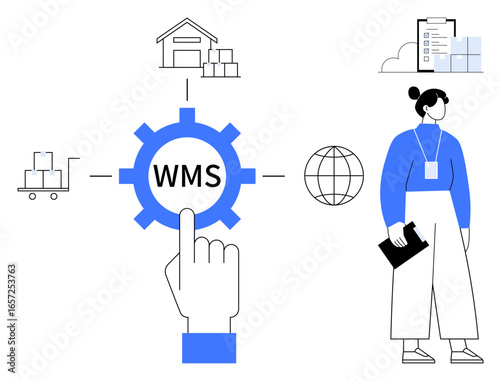 Worker in blue outfit with clipboard, warehouse icon, gear with WMS, truck, globe, and checklist. Ideal for logistics, supply chain, inventory technology efficiency data simple flat metaphor