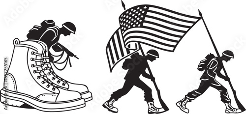 Black and white illustration of military boots and soldiers with American flag vector