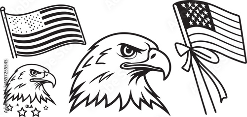 Black and white line art of American bald eagle heads and flags american flag national symbol