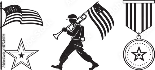 Black and white vector graphics of American flag soldier and medal marching bugle