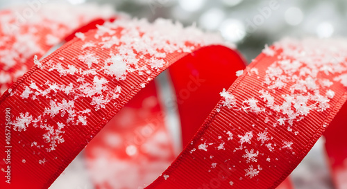 Close up of red ribbon covered in snowflakes on a blurred winter background a festive holiday decoration