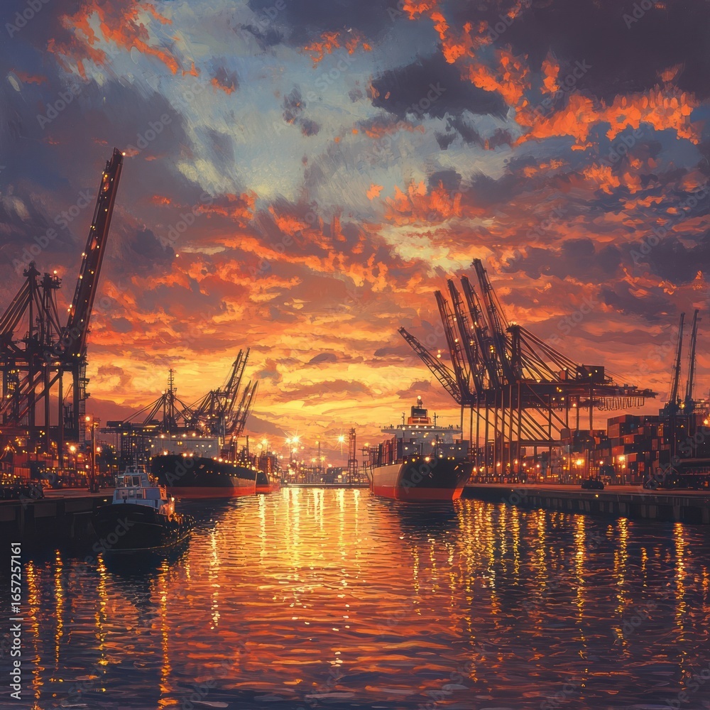 Obraz premium Ships and cranes at a harbor under a vibrant sunset