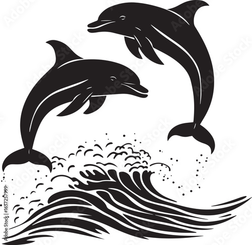 A simple vector illustration of a jumping dolphin silhouette is isolated on a white background, capturing the essence of marine animal life