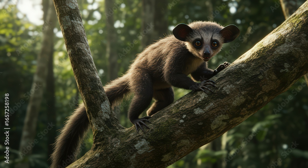 Fototapeta premium Small furry animal perched on tree branch