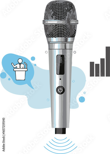 Dynamic illustration of a microphone with speech bubbles and sound waves, representing clear communication, public speaking, and audio broadcasting concepts.