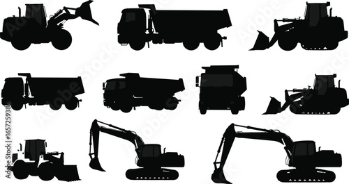 Silhouettes of construction vehicles, excavators, loaders, and dump trucks on white background, heavy machinery illustration for building and construction industry.