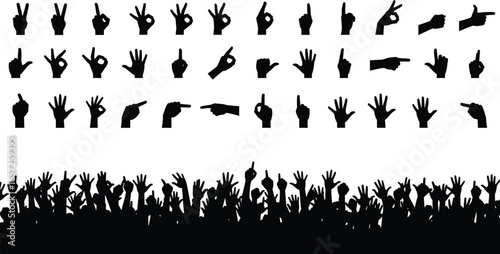 Silhouettes of hands showing various gestures and signs, crowd of raised hands, diverse hand symbols, communication, expression, unity, black and white