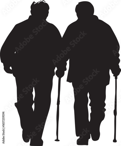 Silhouette drawing of an elderly man with crutches and a woman standing in a suit