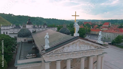 Aerial early summer morning view of The Cathedral Square, key location of Vilnius Old Town. Deserted sunrise city landscape. The Cathedral close-up. Vilnius, Lithuania.