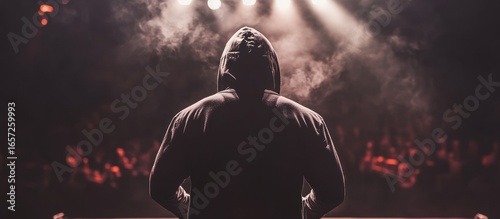 Person in hooded jacket stage performance