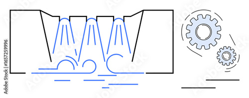 Water cascades through turbines creating energy, depicted with flowing lines and mechanical gears. Ideal for energy generation, infrastructure, engineering, sustainability, technology, power