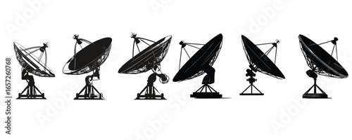 set of satellite dish silhouette for technology communication and broadcast design