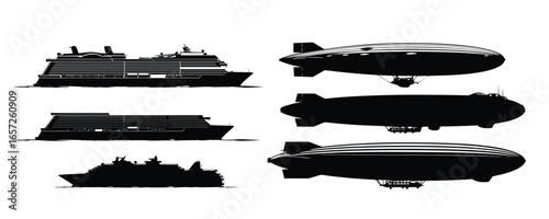 set of cruise ship and zeppelin silhouette for transport travel and tourism design