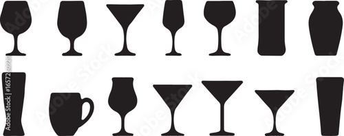 A vector illustration set of various alcoholic and non-alcoholic drinks, including wine, beer, and cocktail glasses, perfect for bar and restaurant designs