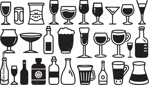 A vector illustration set of alcoholic drinks and various wine glasses perfect for a bar or restaurant beverage menu design