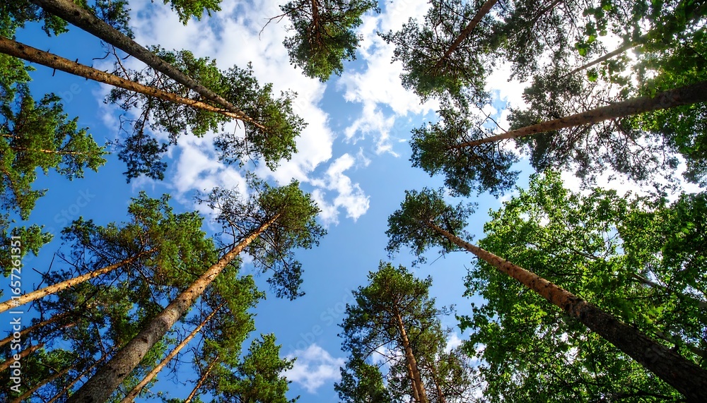 Fototapeta premium Lush forest canopy reaching towards a vibrant blue sky.