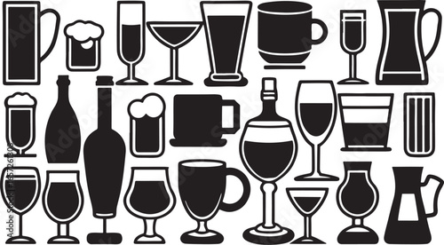 A colorful collection of assorted alcoholic and non-alcoholic beverages in various glasses and bottles, perfect for a party or restaurant design