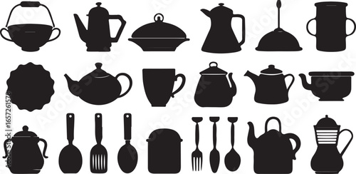 Black and white icons set of different clothes and kitchen utensils vector illustration