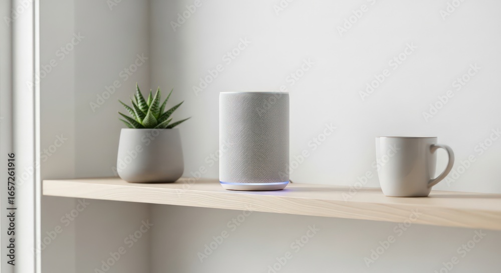 Minimalist Smart Speaker on Shelf with Plant and Mug, Modern Home Decor Minimalist Smart Speaker on Shelf with Plant and Mug, Modern Home Decor