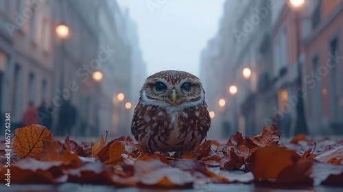 Fototapeta Naklejka Na Ścianę i Meble -  Cute owl sitting on autumn leaves in a street