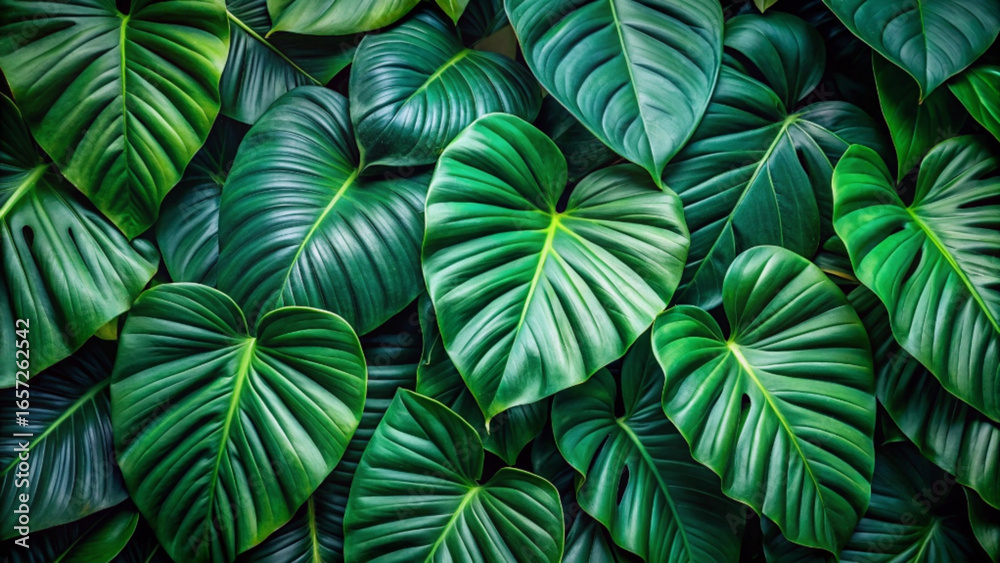 Naklejka premium Large green leaves with prominent veins and glossy texture in tropical plant