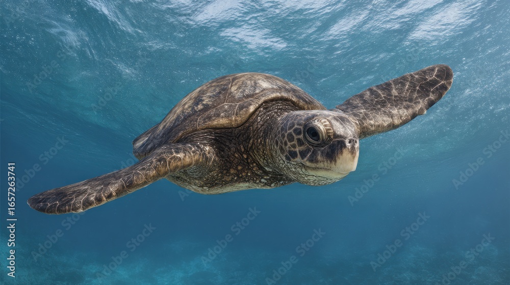 Obraz premium Elegant sea turtle gracefully swimming through crystal clear ocean waters