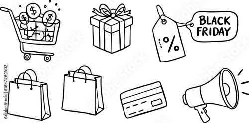 Black Friday shopping icons with gift, credit card, discount tag, megaphone, and shopping bags vector 