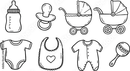Baby accessories set with bottle pacifier stroller bib and clothing vector illustration 