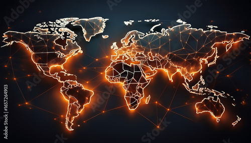 Global network map. Illuminated world map with interconnected nodes
