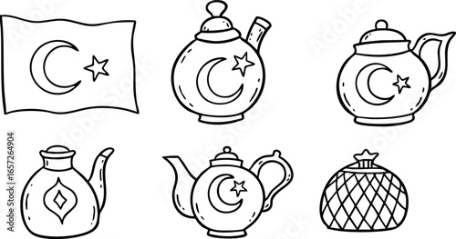Turkish style teapots and flag vector set with crescent and star symbols for cultural illustration 