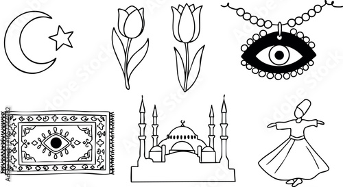 Islamic symbols crescent star mosque evil eye talisman dervish tulip flower vector illustration 