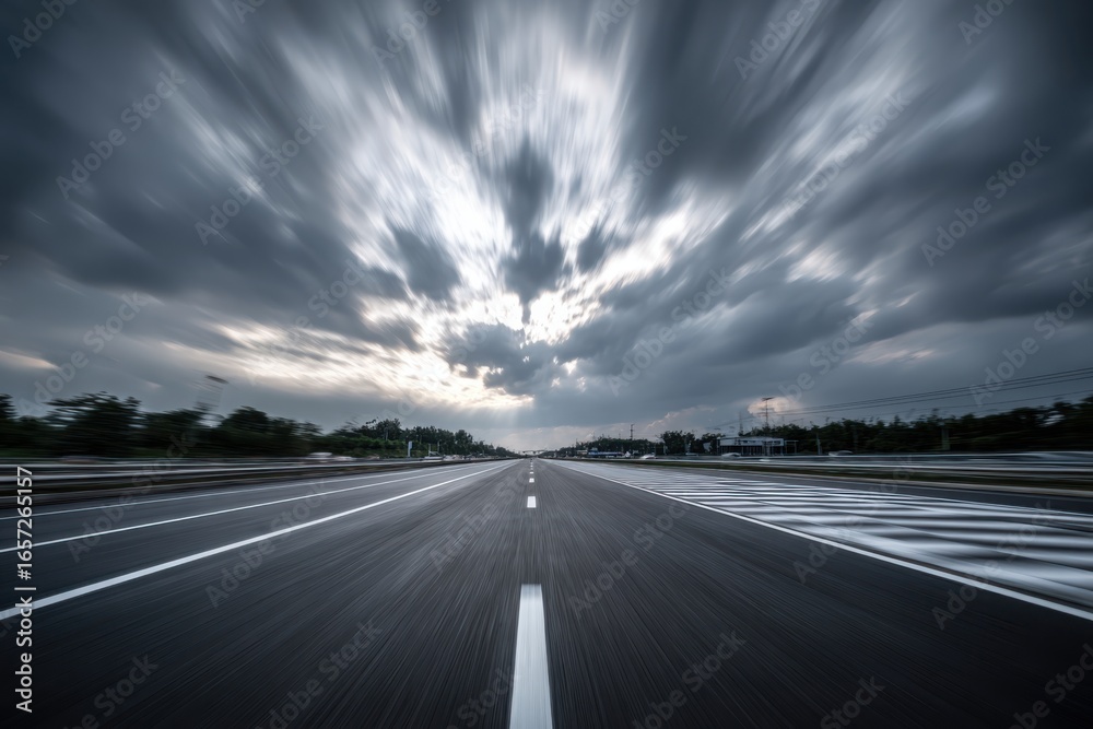 Fototapeta premium Dramatic Sky Over an Empty Highway with Motion Blur, Suggesting Speed and Freedom