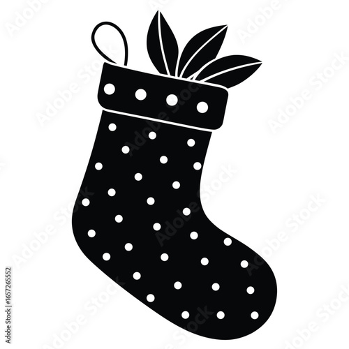 Black polka dot Christmas stocking with leaves white