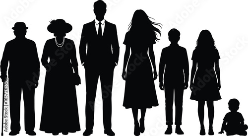 PrintSilhouette vector illustration of diverse age groups including elderly, adults, children, and toddler, showcasing generational diversity and human posture concepts