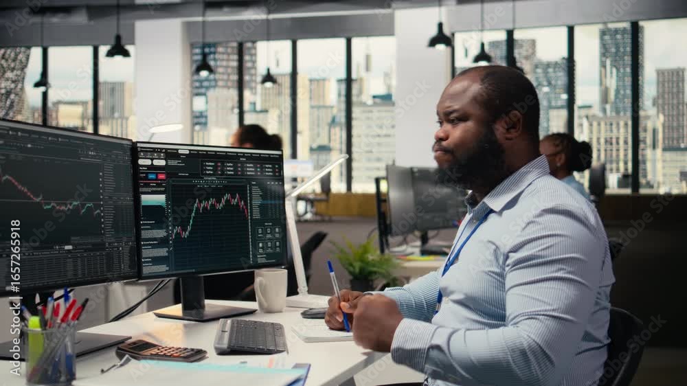 Trader in emotional turmoil concerned by investment portfolio value drop after unexpected market crash. Anxious man distressed by stock exchange account shares price fluctuation, camera A